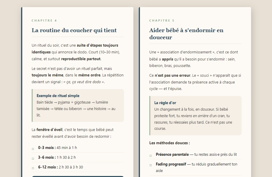 Aperçu de 2 pages intérieures du guide Bébé dort enfin